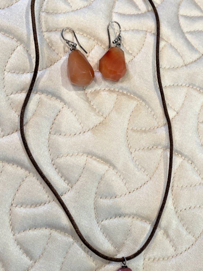 Coral Colored Bead Necklace With Faux Leather Band 15-17” And Drop Earrings